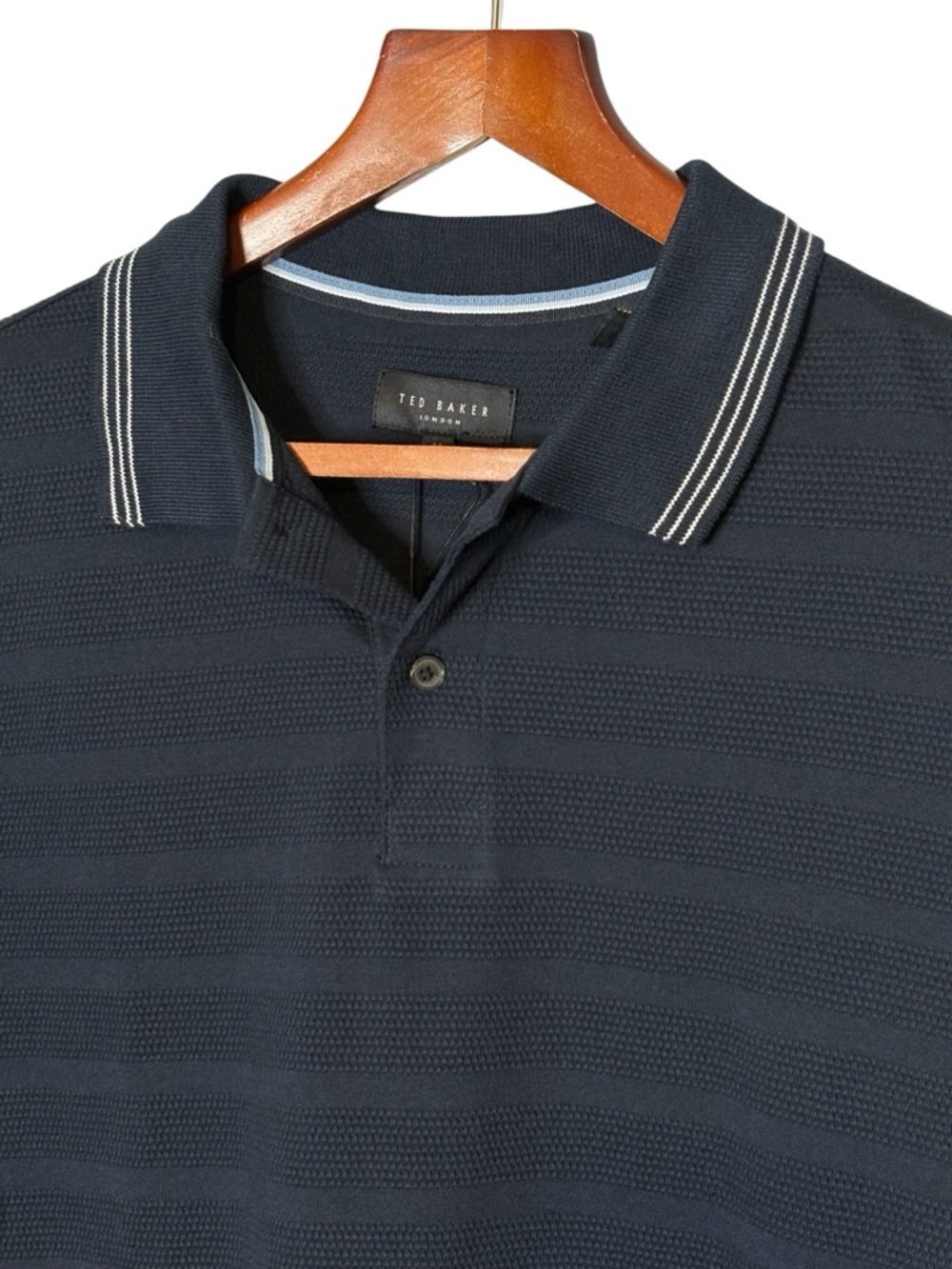 NWT Ted Baker Popcorn Stripe Long Sleeve Polo Size M Sky Captain Navy Blue - Picture 4 of 11